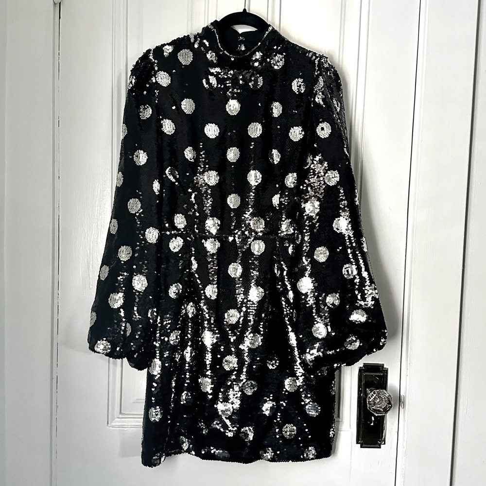 Sequin Polka Dot Mini Dress Black Silver Puff Sleeve Black Silver‎ Size M